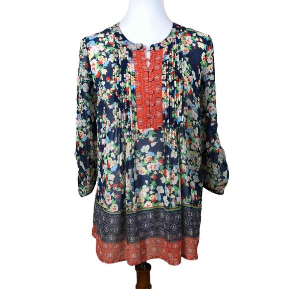 Daniel Rainn  Blue Floral Peasant Boho Blouse Shirt Size M Medium Semi Sheer Top - Picture 1 of 6